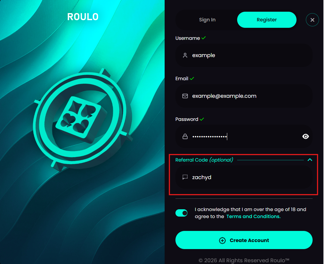 Roulo Registration - Enter code zachyd in the Referral Code field